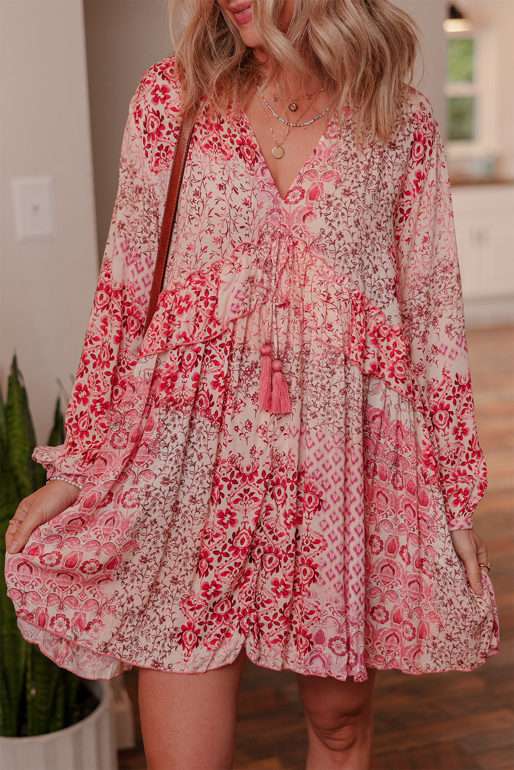 Pink Bohemian Floral Print Tassel Tie Long Sleeve Flowy Mini Dress