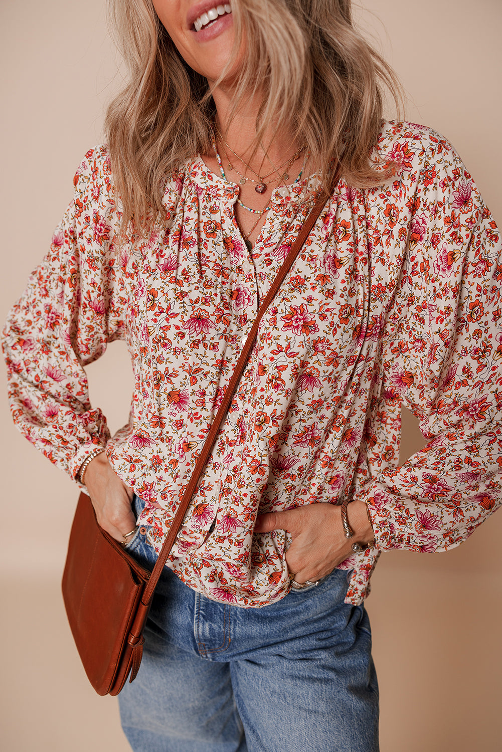 Red Floral Print Pleated Detail Notched Neck Puff Sleeve Blouse