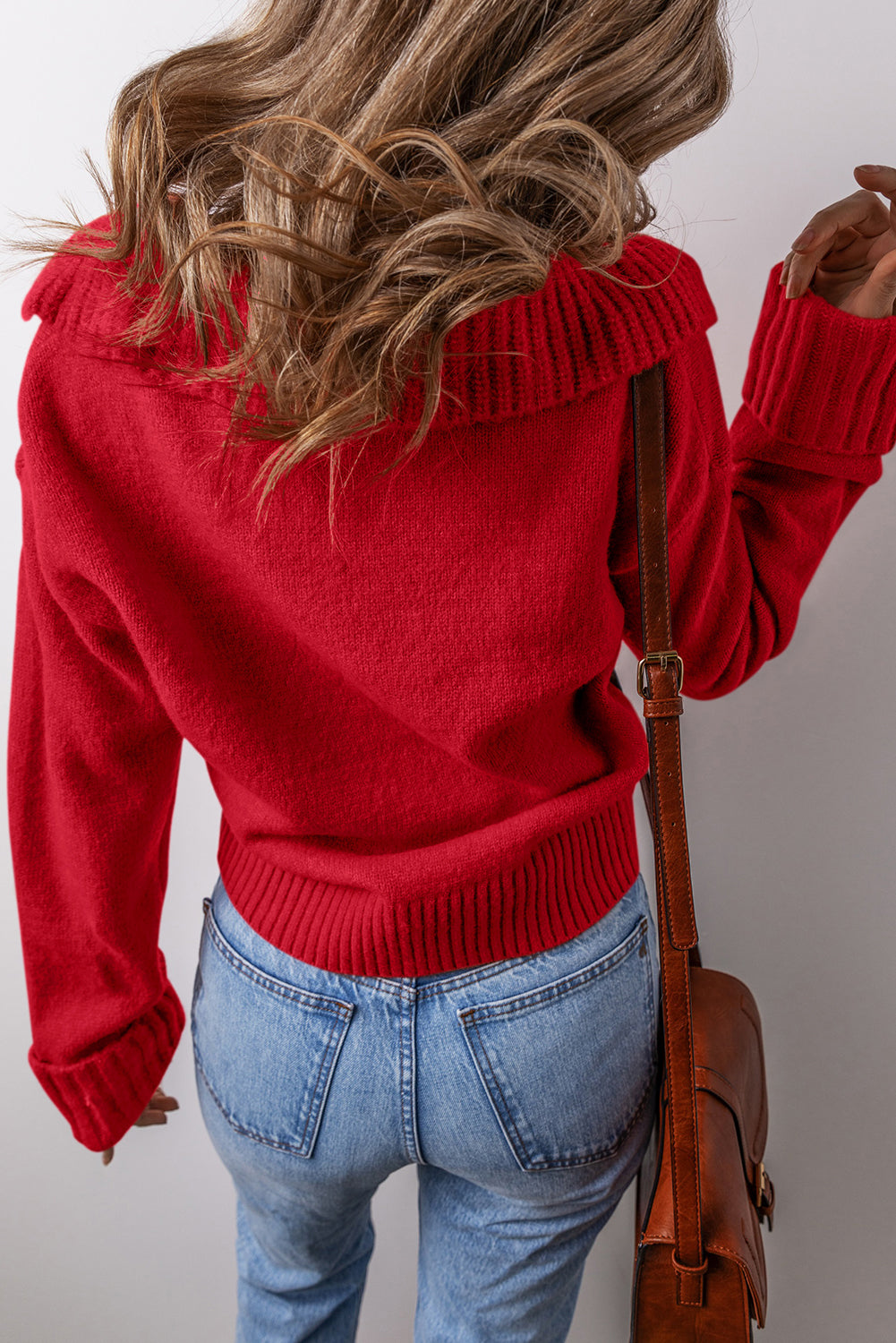 Racing Red Collared V Neck Ribbed Edge Sexy Elegant Sweater