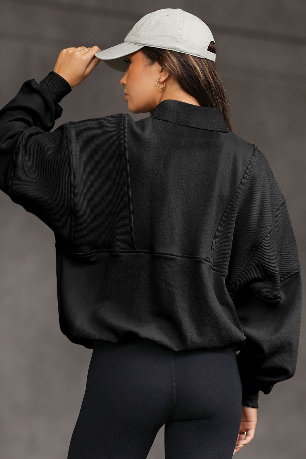 Apricot Half Zip Stand Collar Exposed Seam Solid Color Casual Sweatshirt