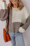 Dark Khaki Color Block Back Tie Drop Shoulder Loose Sweater