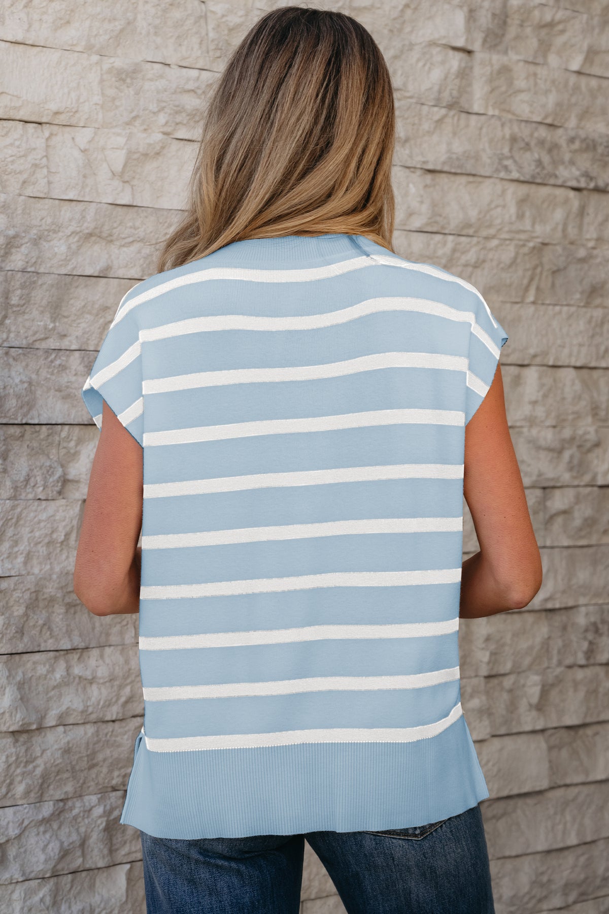 Brown Stripe Side Slits Crewneck Short Sleeve Sweater Tee
