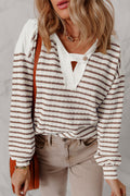Khaki Stripe Textured Hooded V Neck Casual Long Sleeve Top