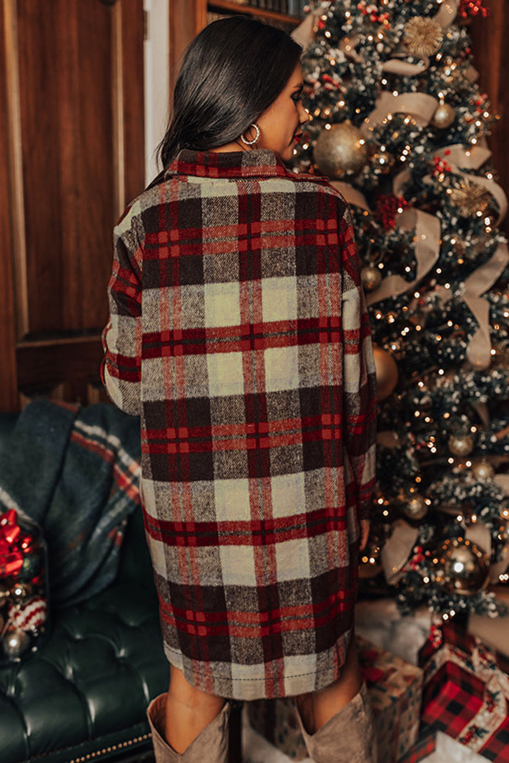 Red Brushed Plaid Buttoned Front Side Slit Tunic Shacket