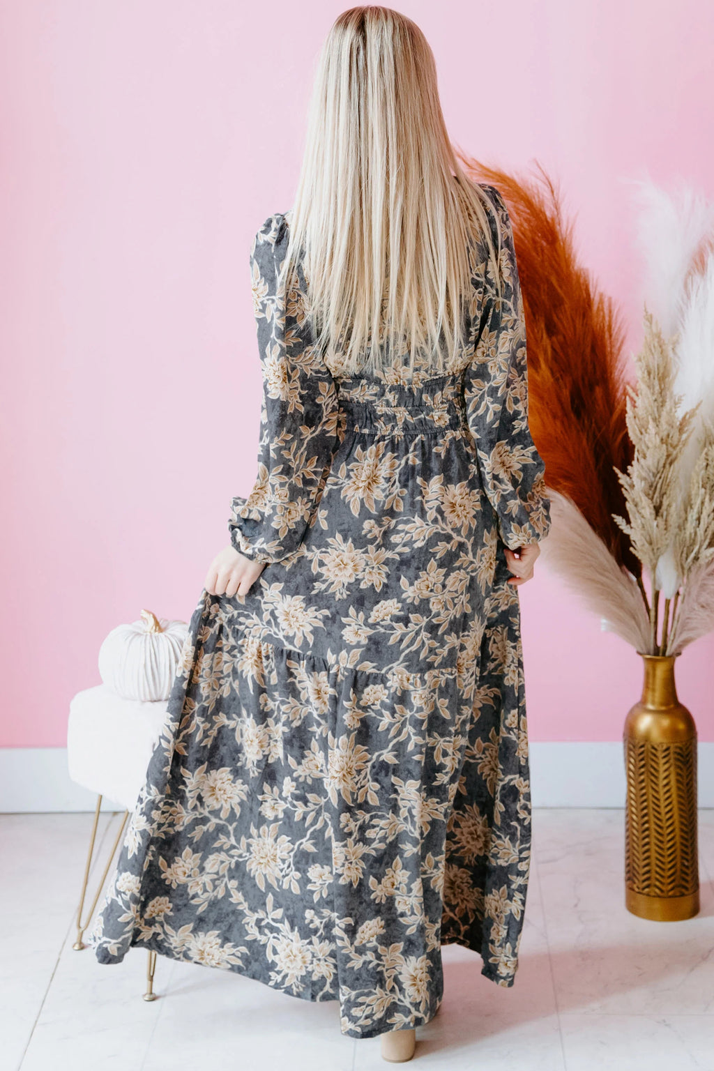 Sky Blue Plus Size Floral Print Split Neck Shirred High Waist Long Sleeve Maxi Dress