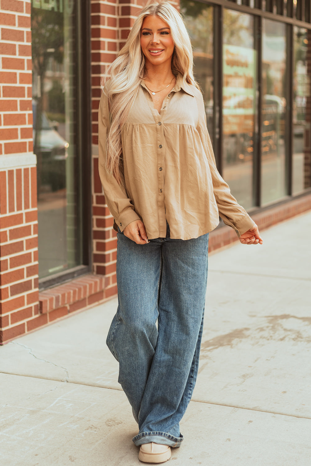 Light French Beige Waffle Patchwork Button Up Frayed Hem Shirt