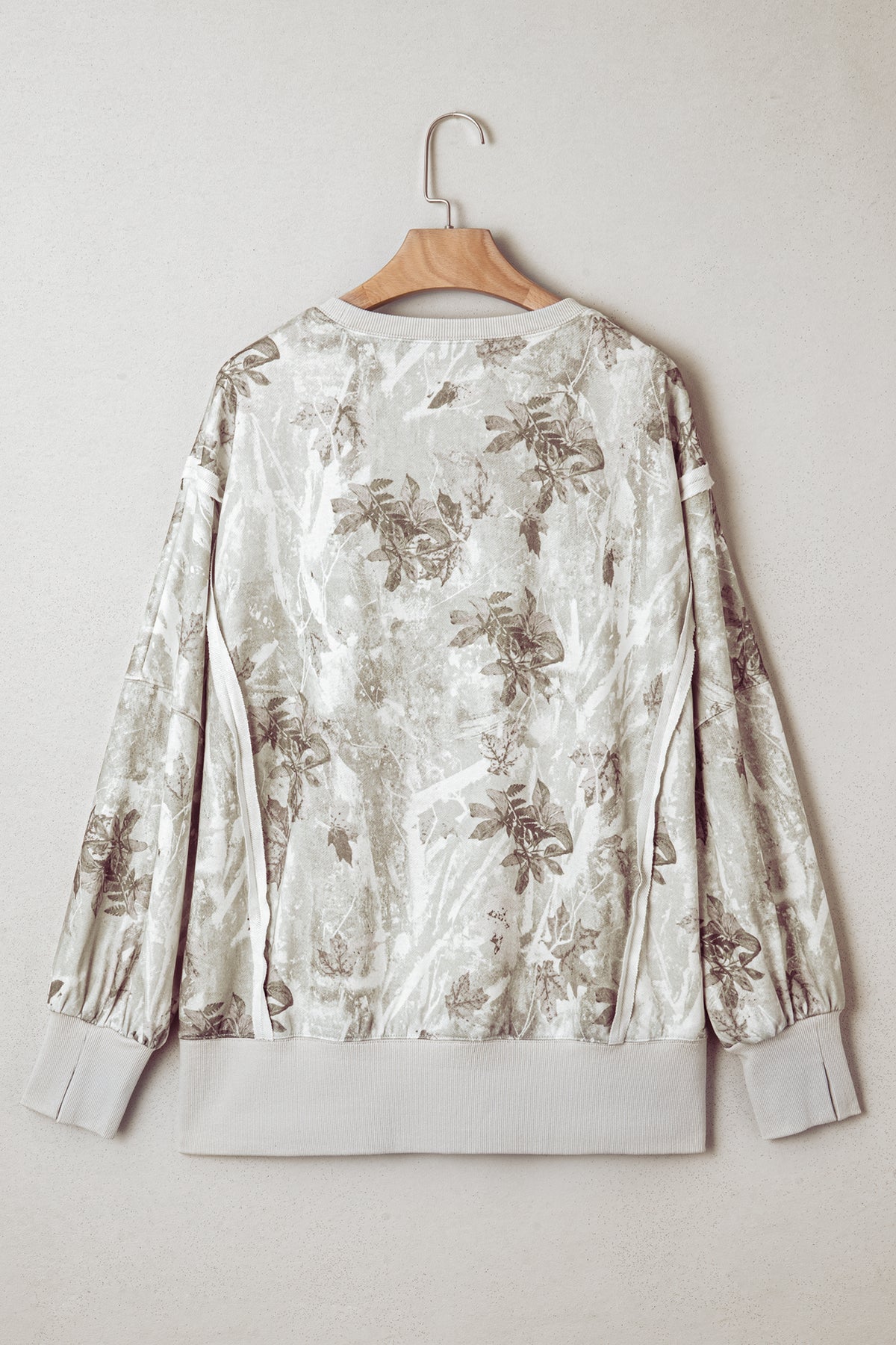 Gray Leafy Camo Print Exposed Seam Patchwork Baggy Slit Sweatshirt