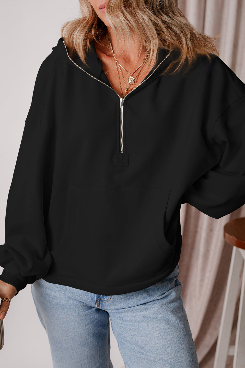 Light Grey Fleece Lined Half Zipper Kangaroo Pockets Loose Hoodie