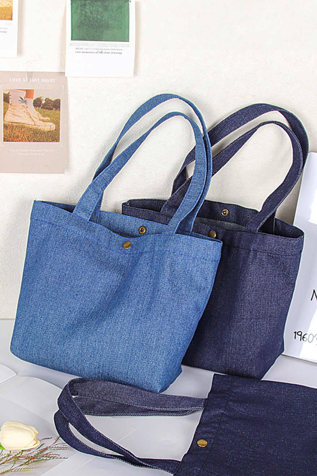 Navy Blue Vintage Denim Snap Button Tote Bag