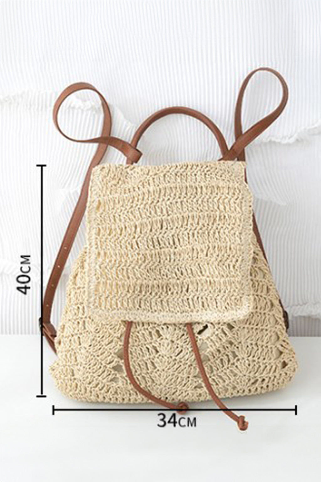 Thai Curry Retro Straw Woven PU Leather Straps Casual Backpack