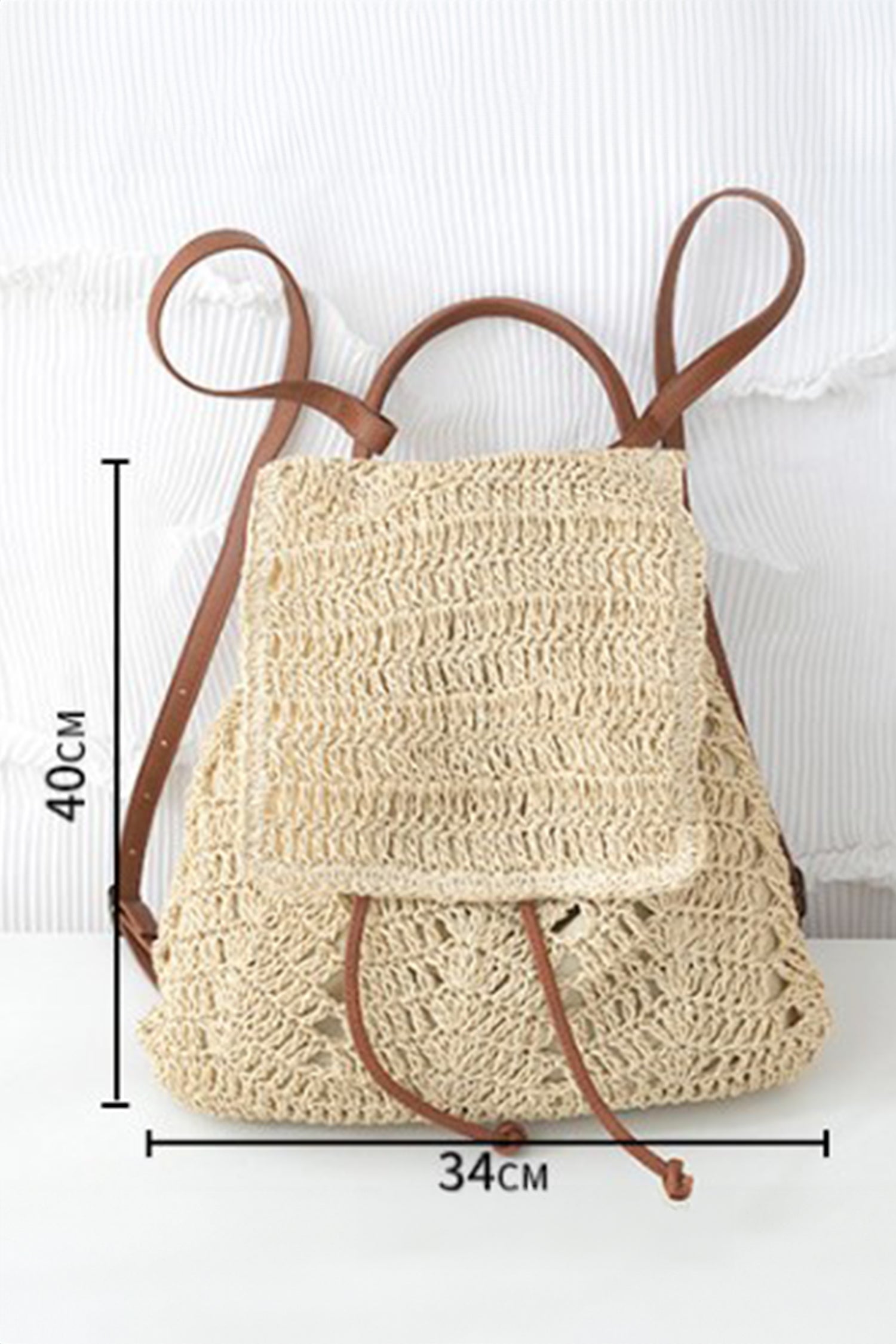 Thai Curry Retro Straw Woven PU Leather Straps Casual Backpack