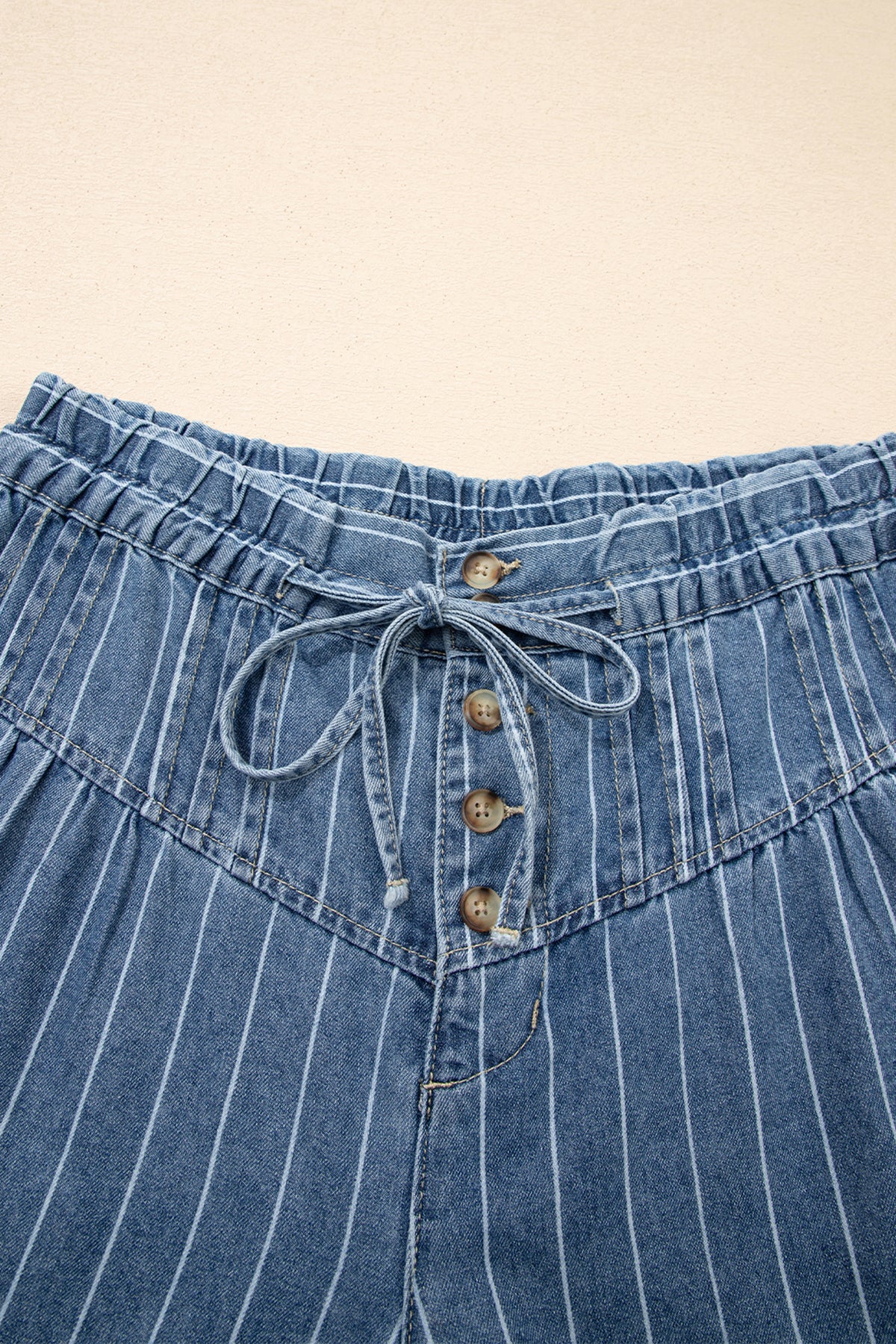Sky Blue Stripe Button Pleated Drawstring Waist Casual Wide Leg Jeans