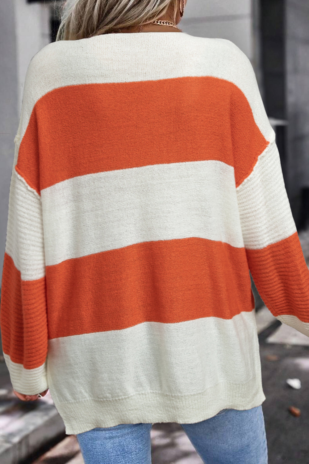 Red Stripe Loose Color Block Drop Shoulder Bubble Sleeve Sweater