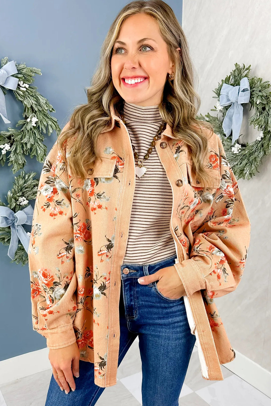 Khaki Floral Print Long Sleeve Shift 100% Cotton Denim Jacket
