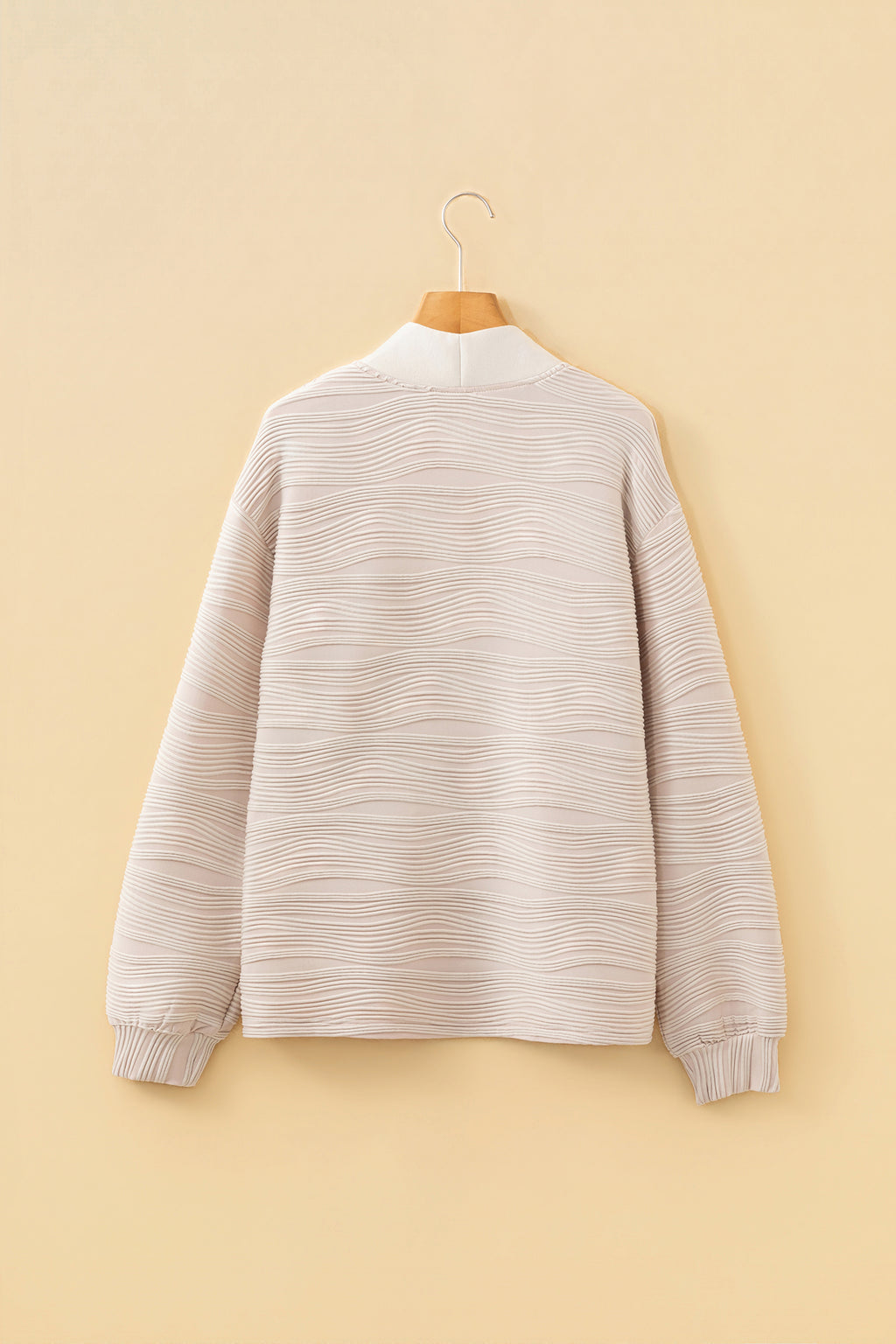 Parchment Solid Color Textured Zip V Neck Pullover Sweatshirt