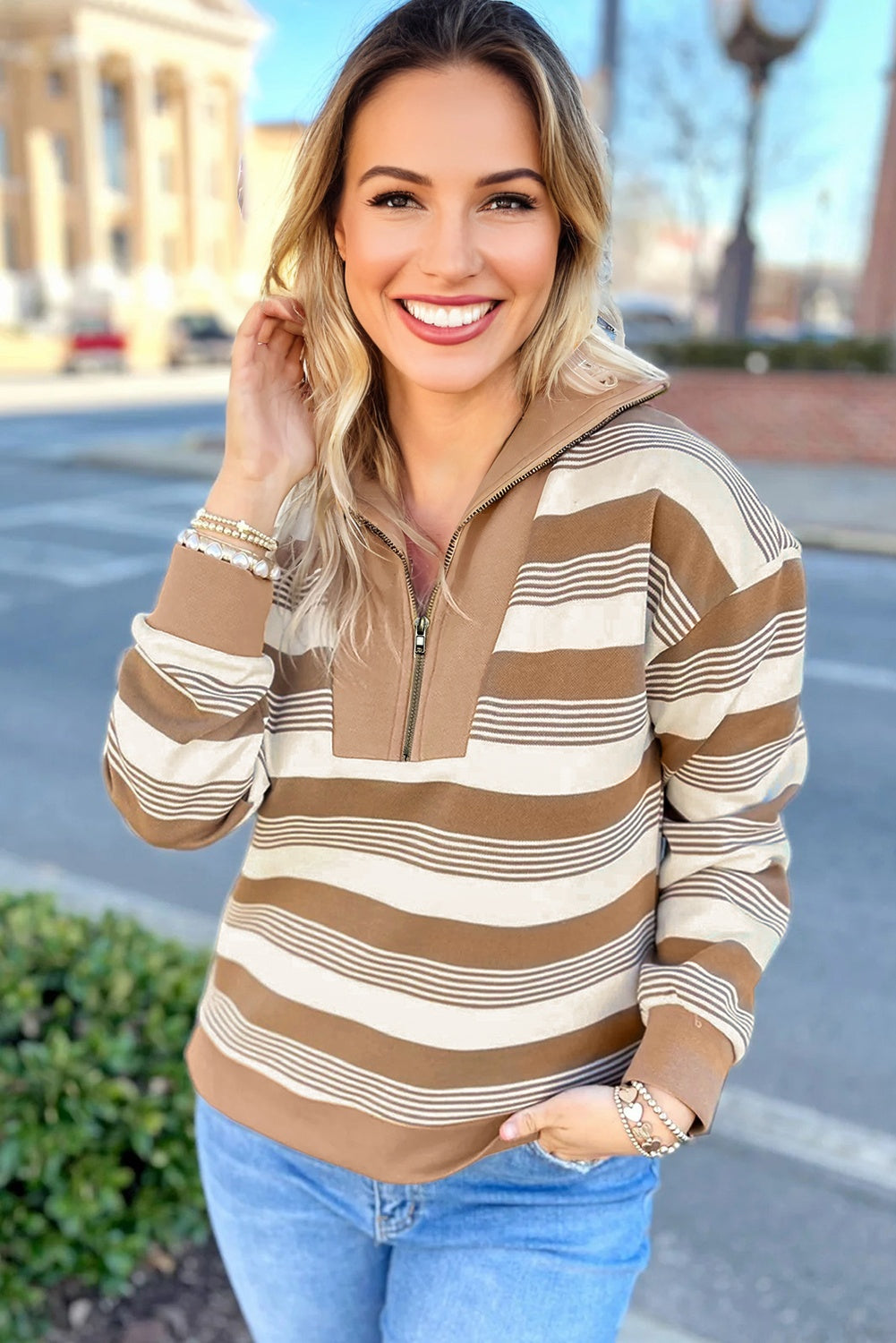 Khaki Stripe Zip Collar Patchwork Vintage Fashion Sweatshirt