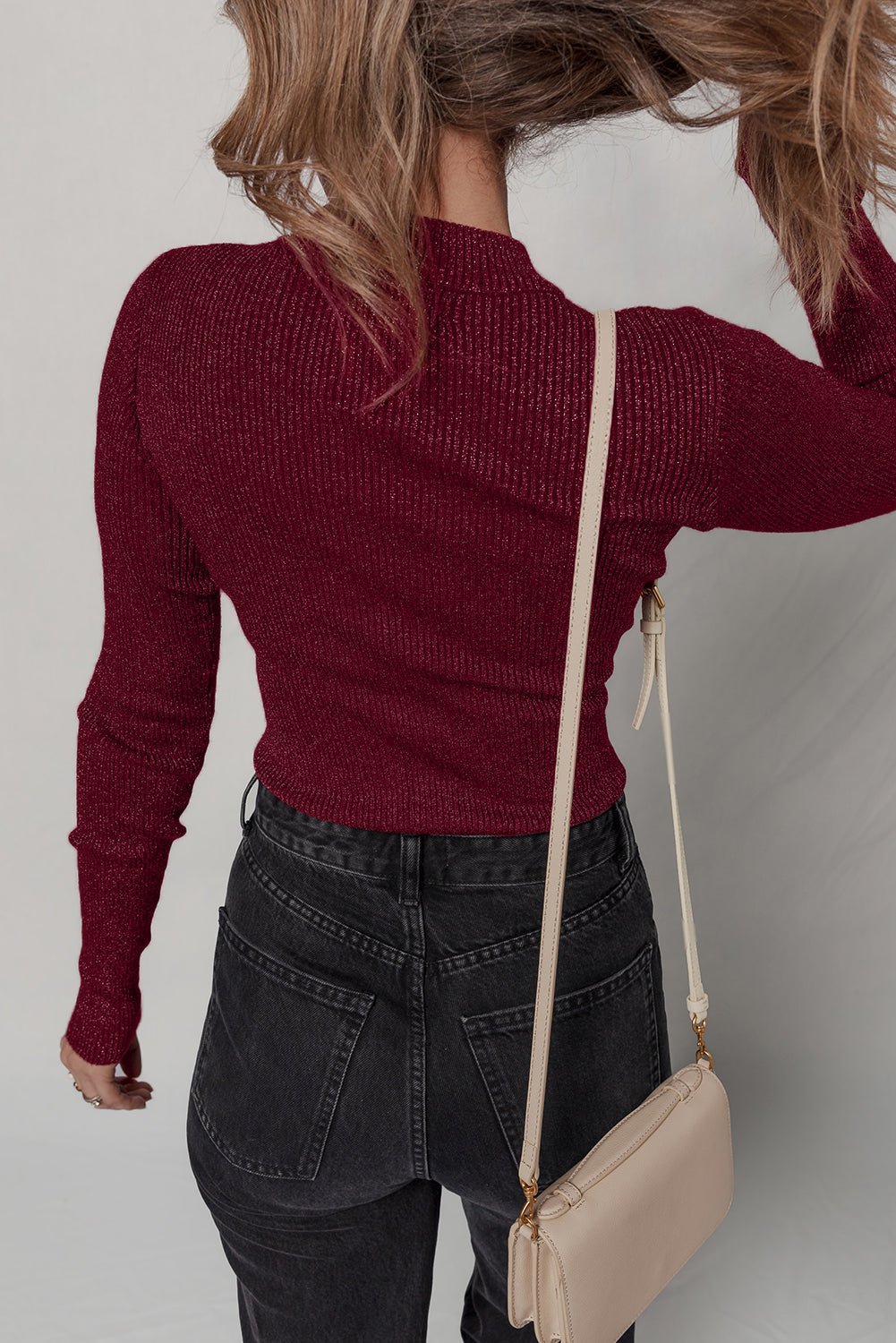 Red Dahlia Metal Ribbed Knit Long Sleeve Slim Fit Top