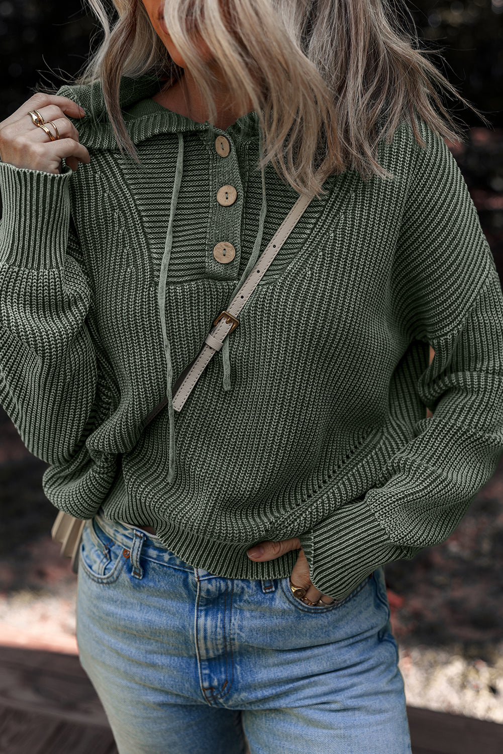 Mist Green Mineral Wash Ribbed Knit Button Drawstring Neck Hooded Sweater