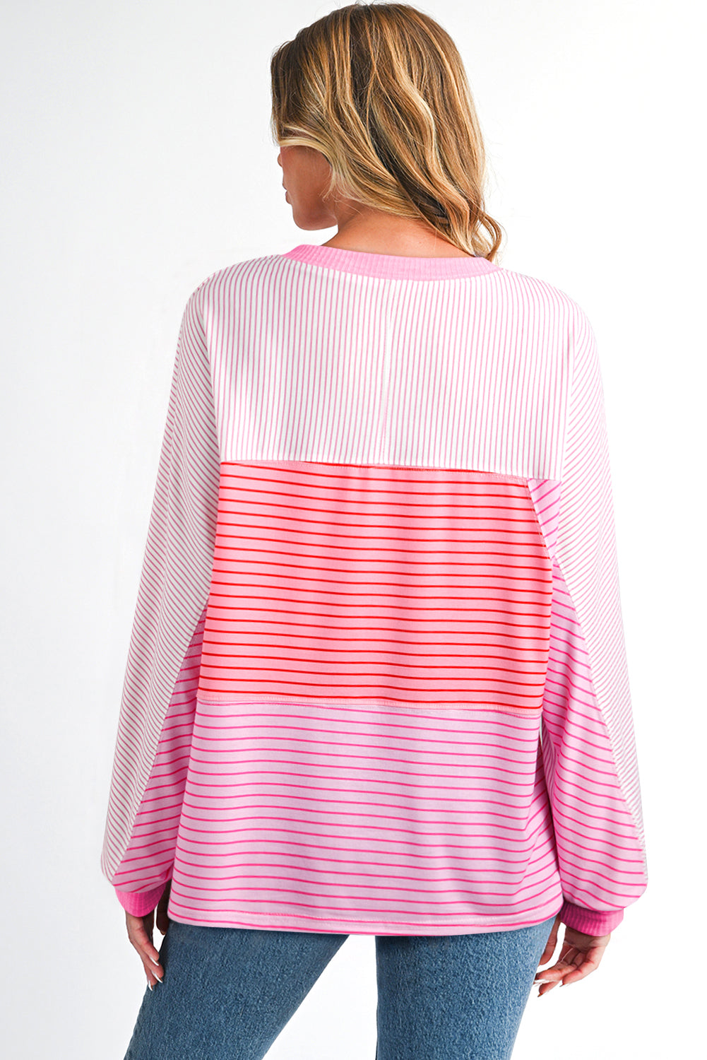 Sachet Pink Striped Colorblock Exposed Seam Casual Long Sleeve Top