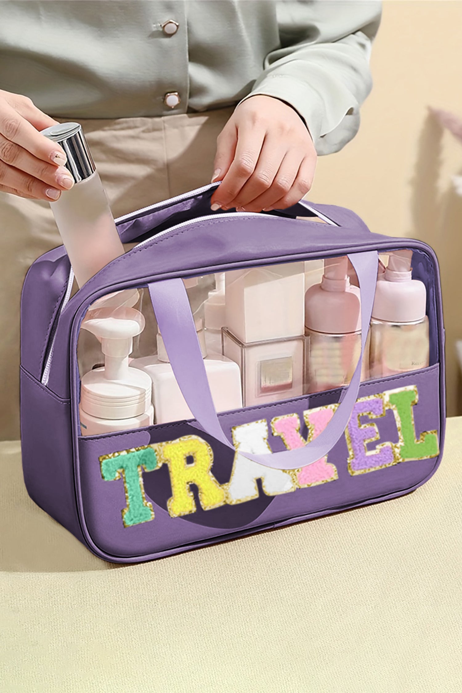 Black TRAVEL Chenille Letter Clear PVC Makeup Bag