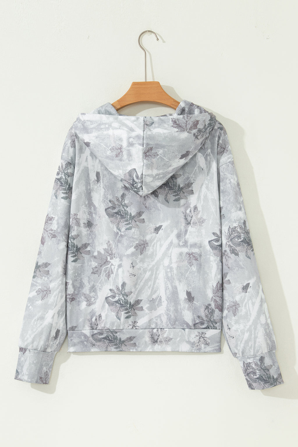 Gray Camo Leaf Print Kangaroo Pocket Quarter Zip Hoodie