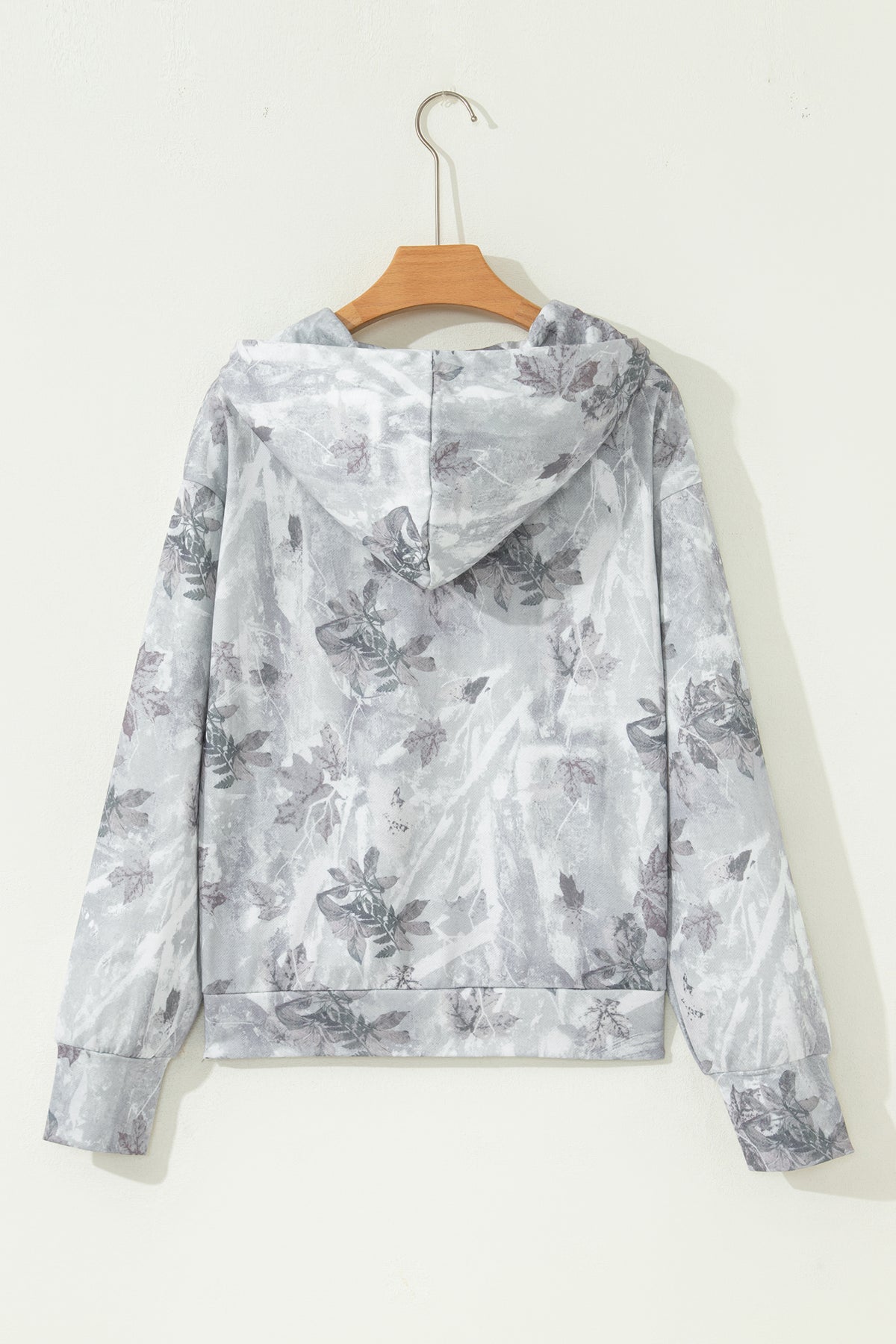 Gray Camo Leaf Print Kangaroo Pocket Quarter Zip Hoodie