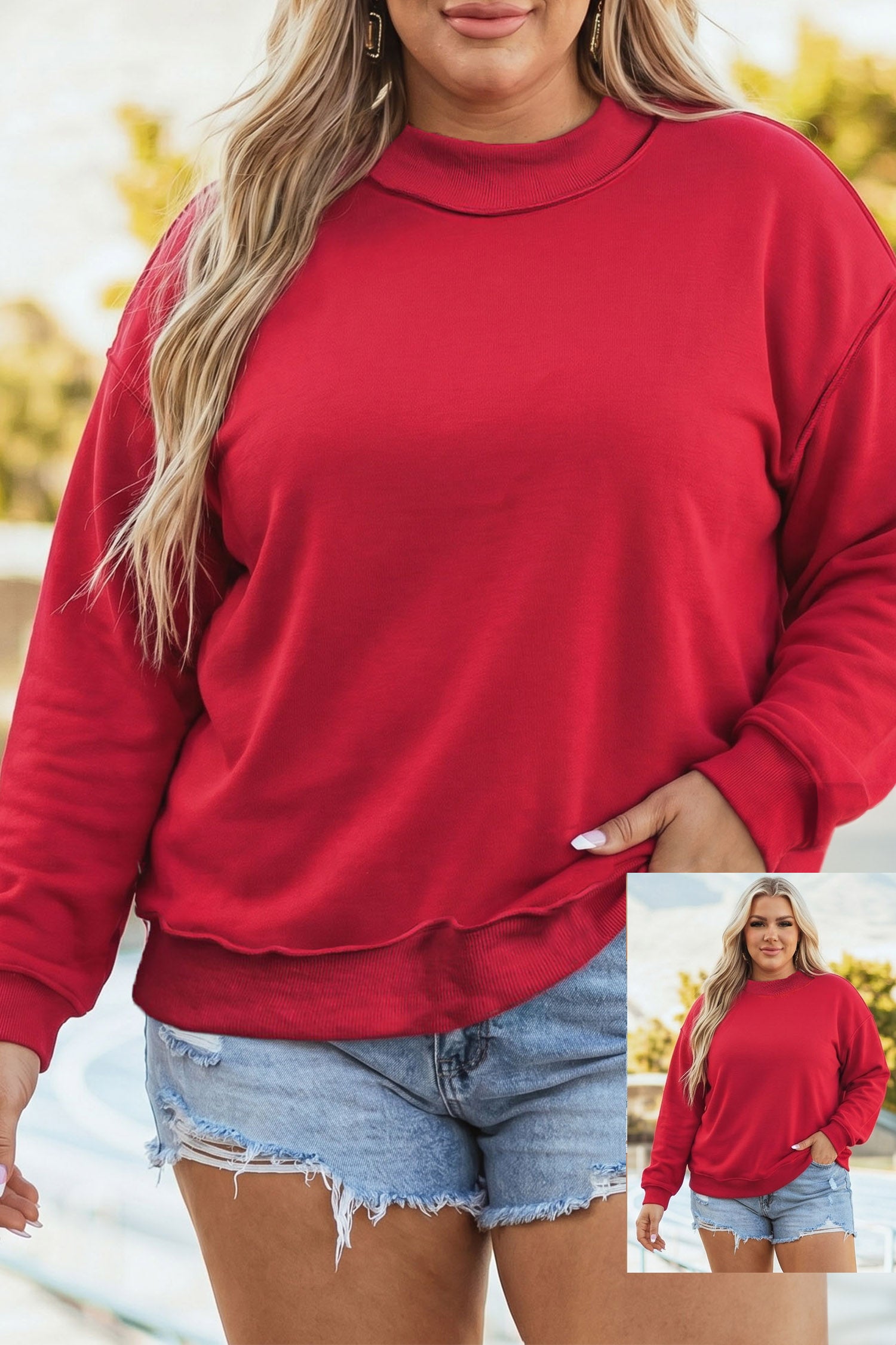Racing Red Exposed Seam Detail Reversible Double Wear Plus Size Sweatshirt