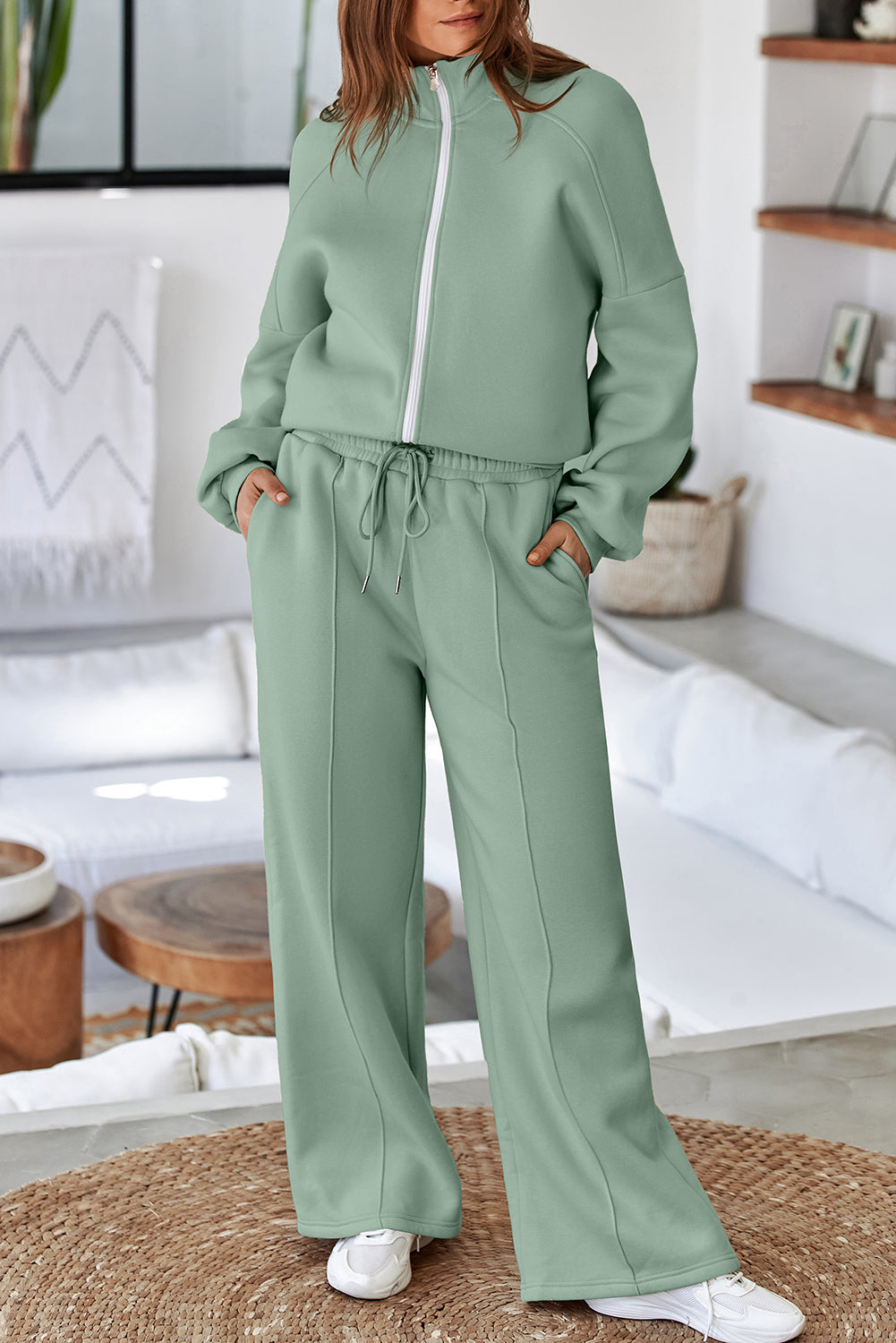 Burgundy Drop Shoulder Zip Up Jacket Drawstring Pants Active 2pcs Set