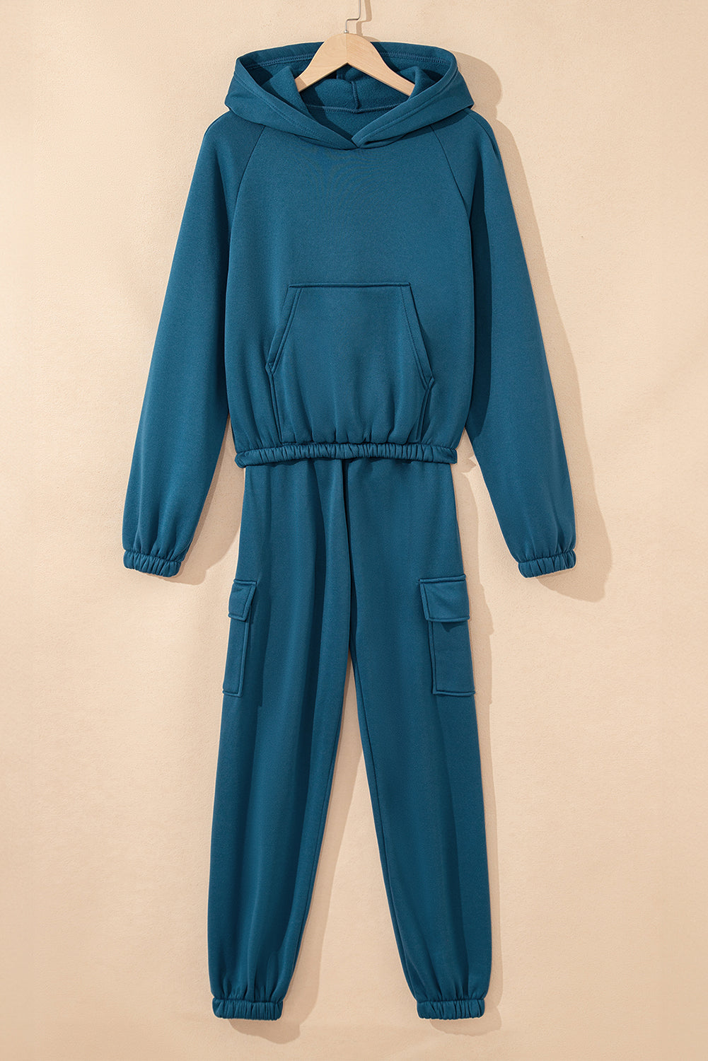 Peacock Blue Cozy Hooded Sweatshirt Drawstring Elastic Waistband Cargo Pant Set