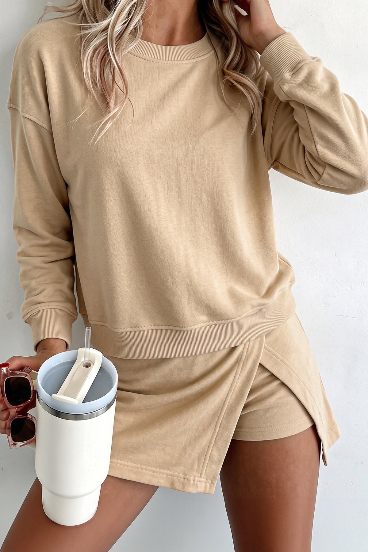 Coffee Solid Color Long Sleeve Top Split Skort 2pcs Outfit