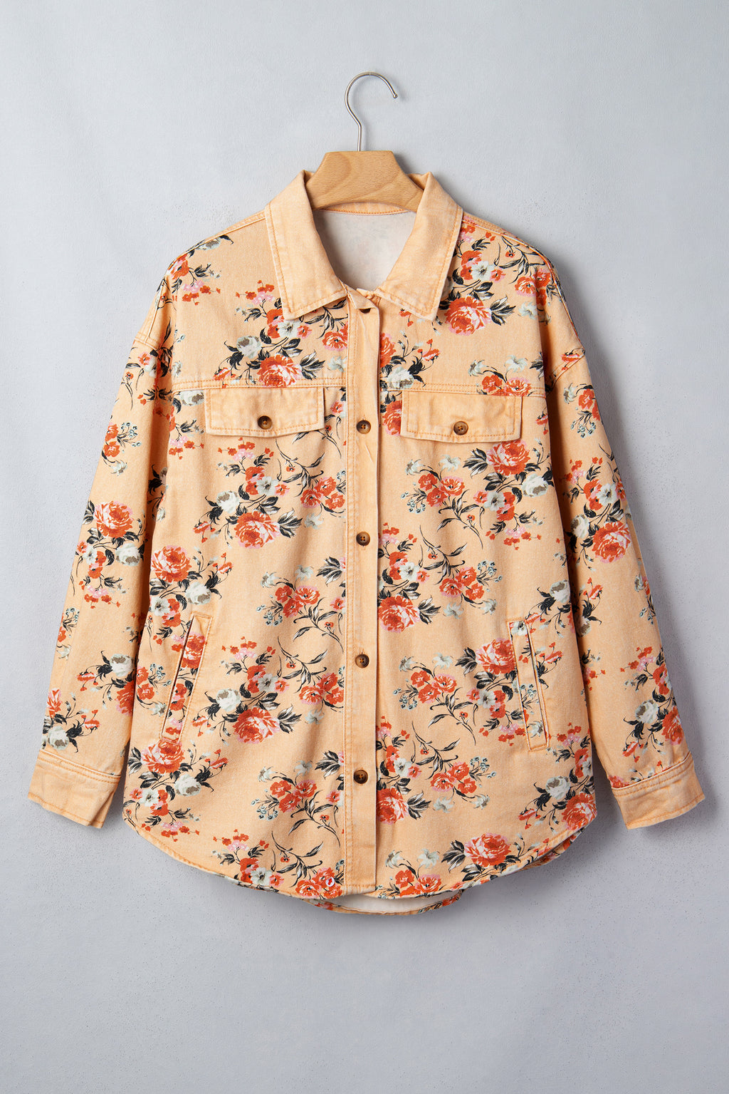 Khaki Floral Print Long Sleeve Shift 100% Cotton Denim Jacket
