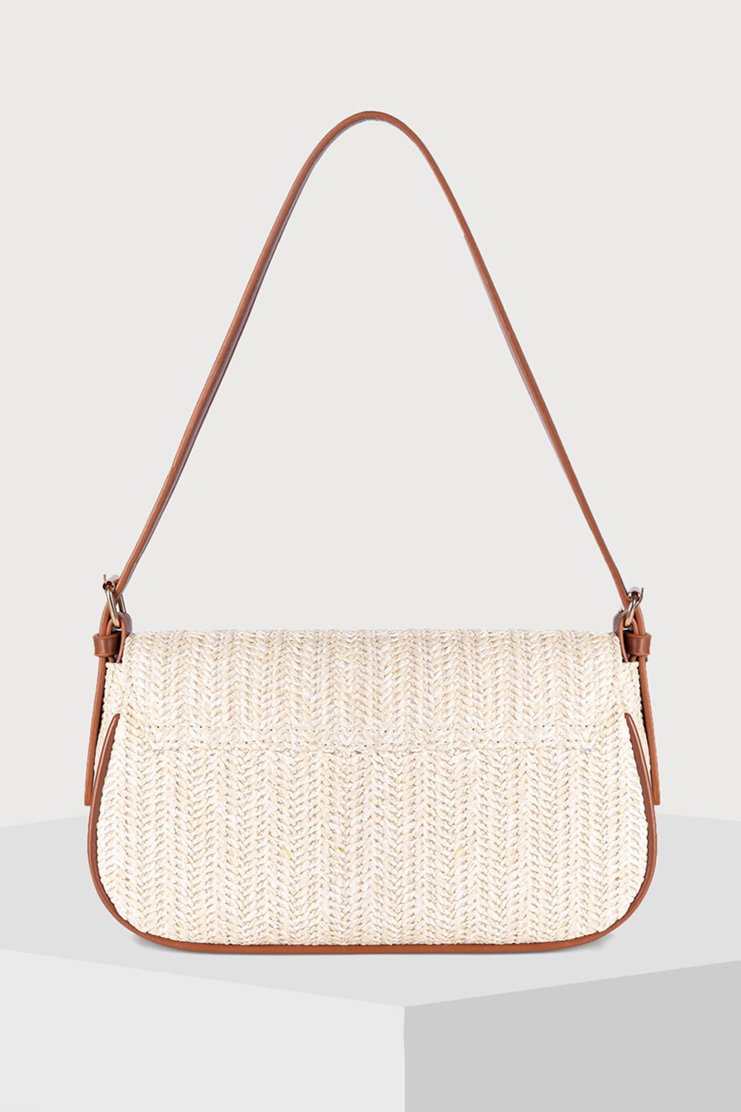 White Raffia Woven PU Leather Trim Shoulder Bag