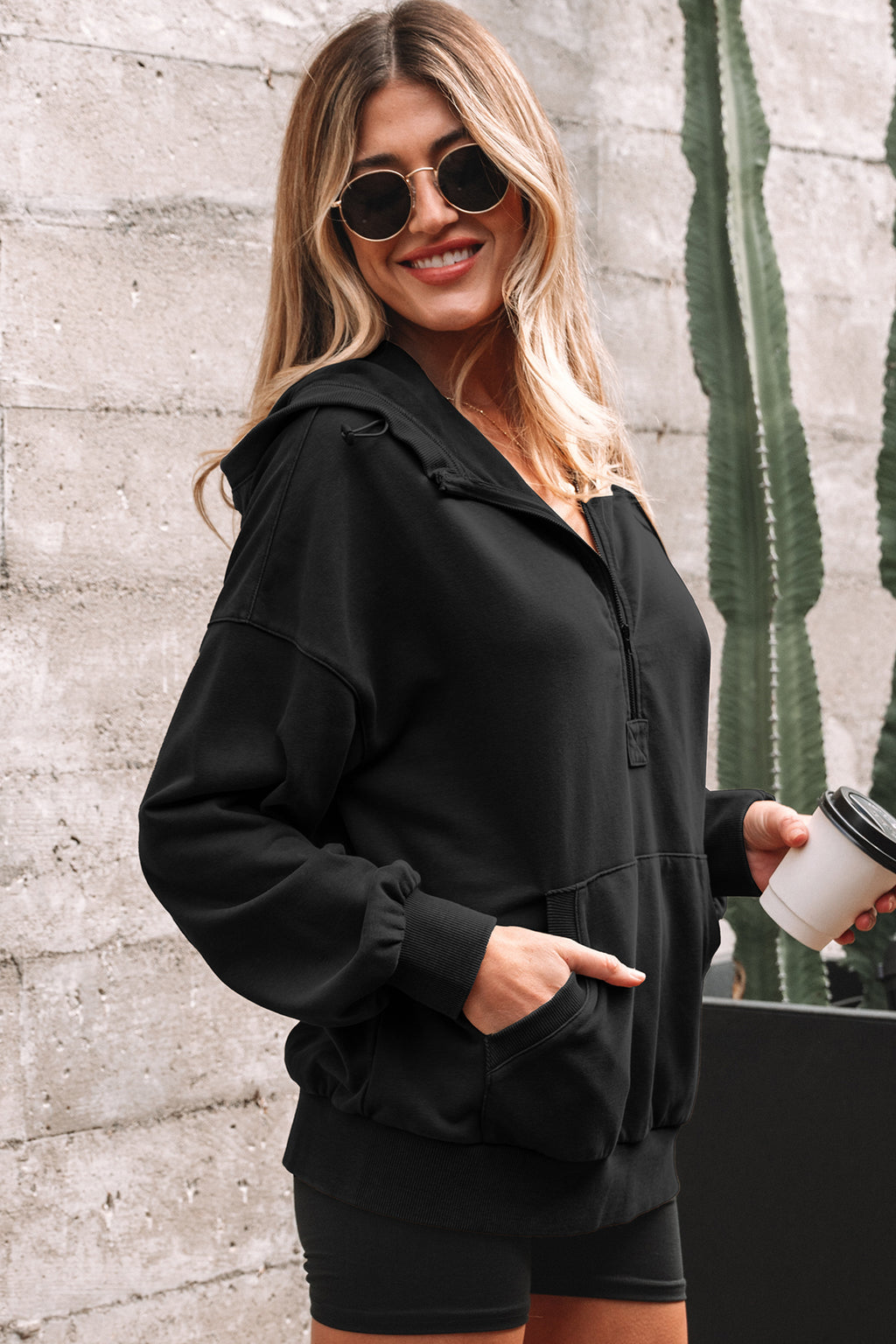 Wild Ginger Half Zip Kangaroo Pocket Mineral Wash Baggy Hoodie