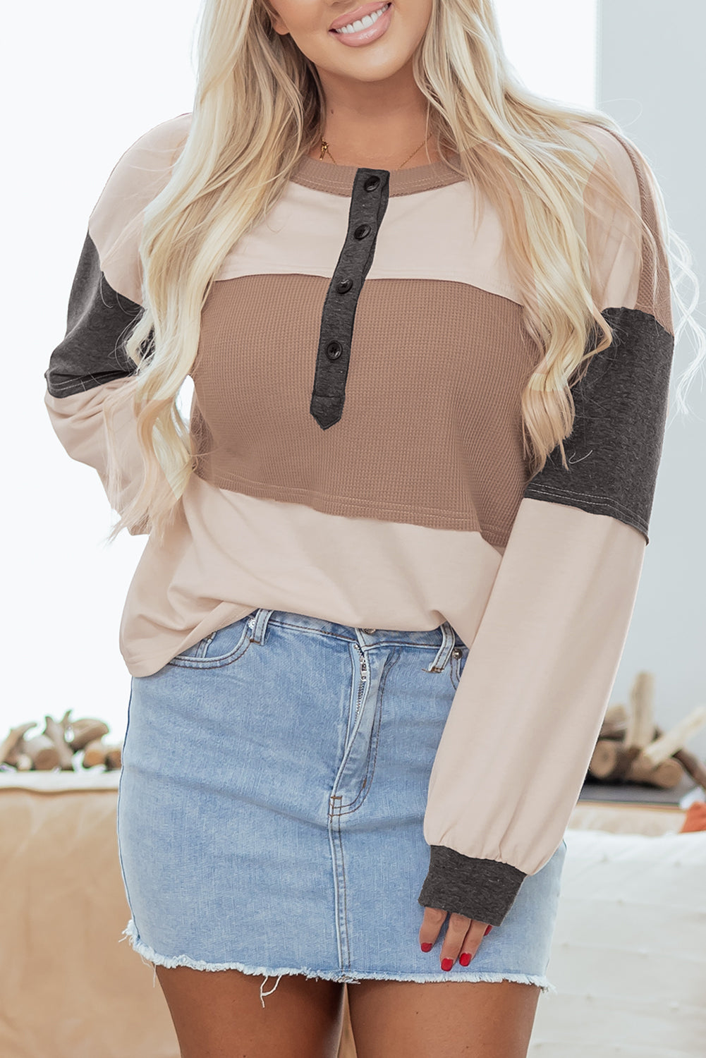 Jet Stream Color Block Waffled Patchwork Loose Henley Top