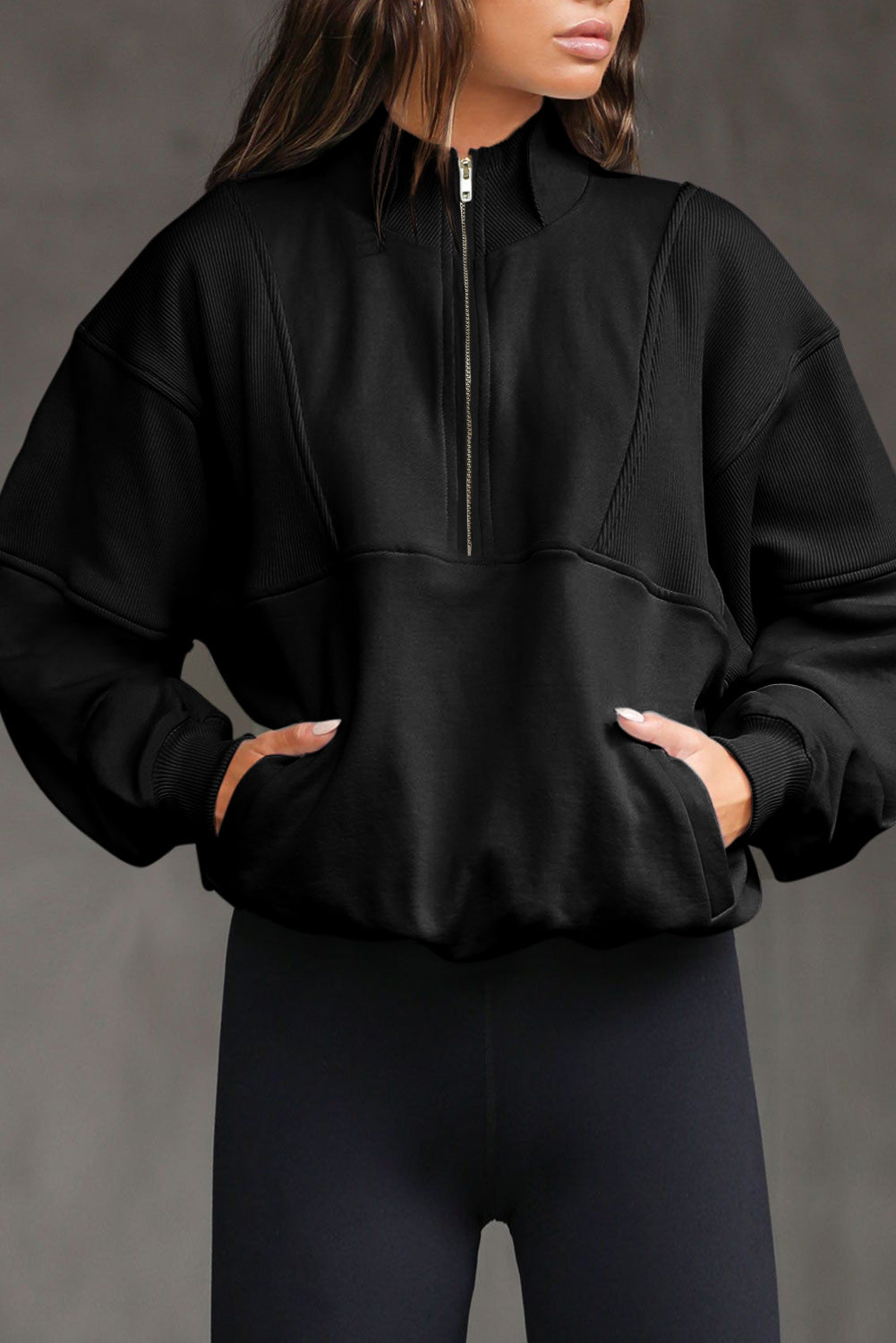 Apricot Half Zip Stand Collar Exposed Seam Solid Color Casual Sweatshirt