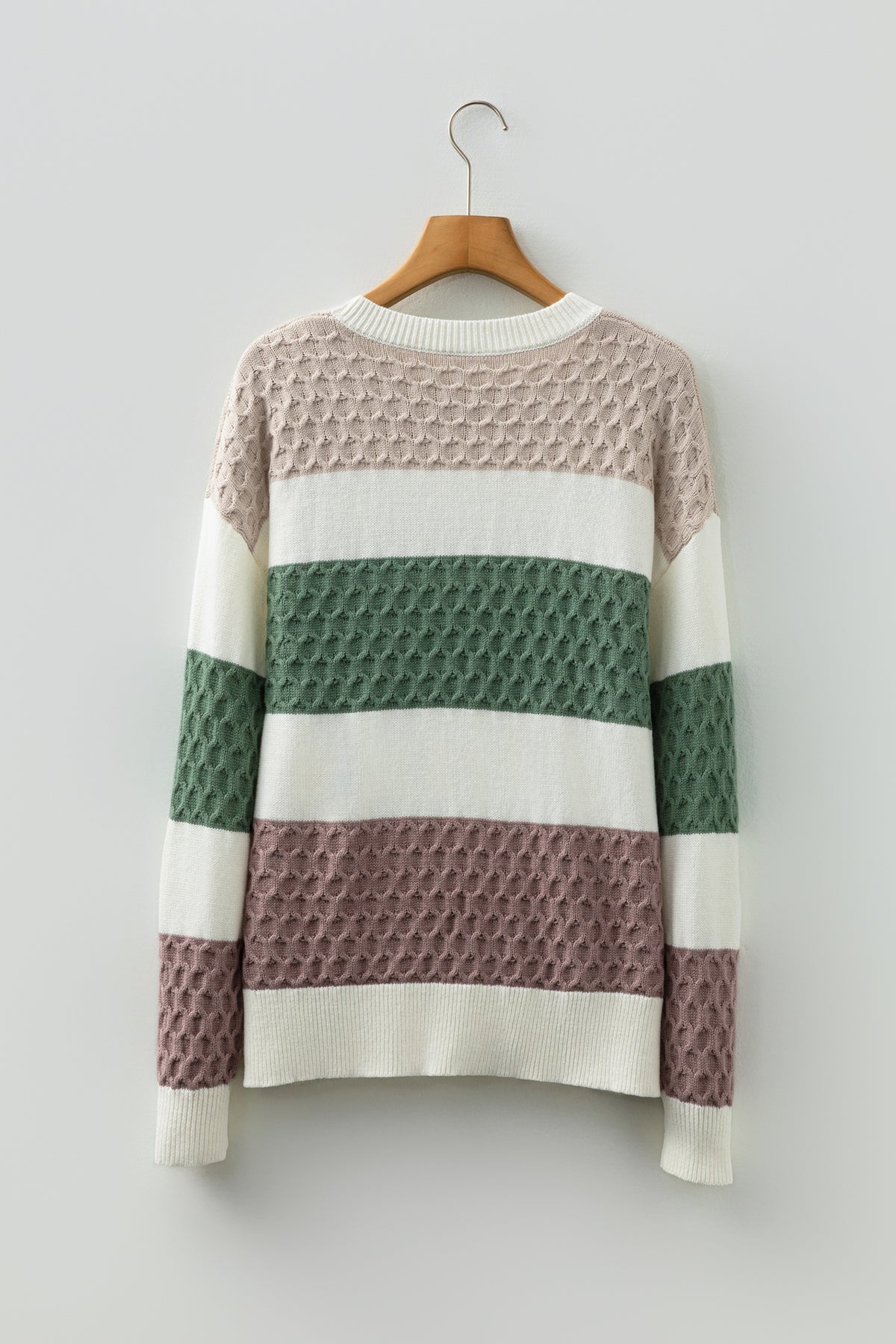 Brown Mixed Texture Knit Striped Color Block Loose Sweater