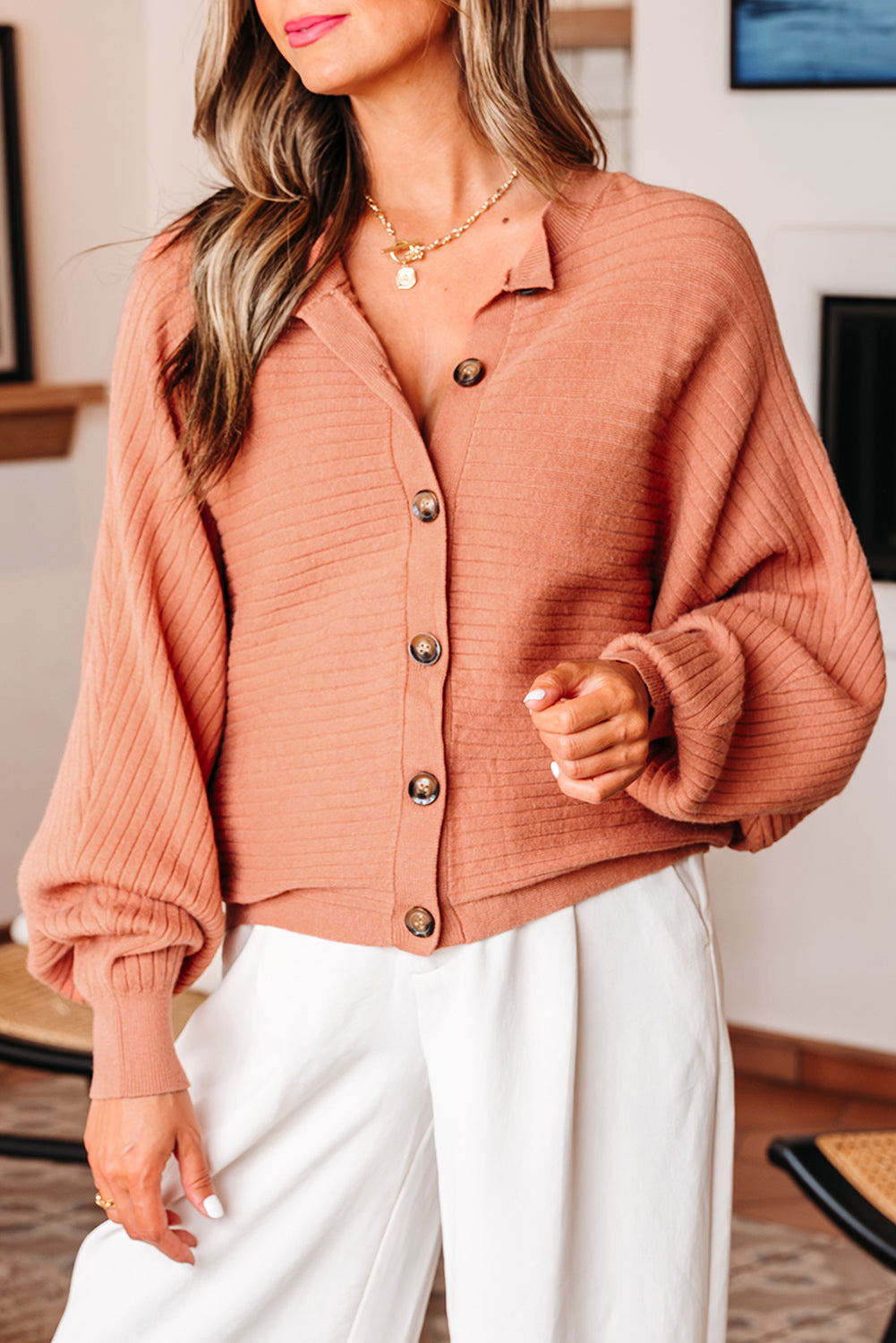 Apricot Pink Wide Rib Knit Button Front Dolman Sleeve Sweater Cardigan