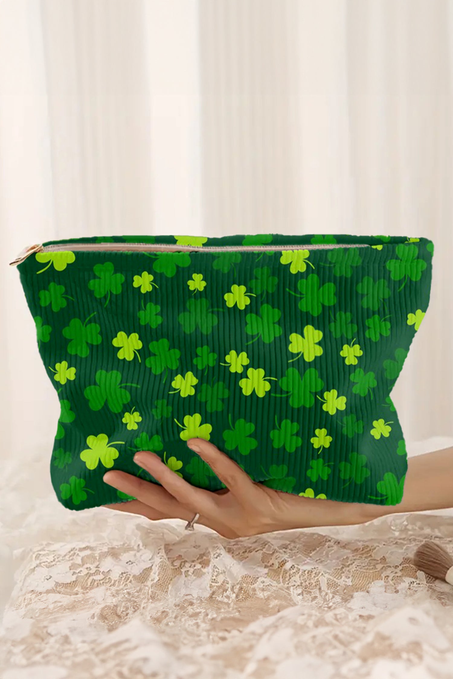 White St Patricks Lucky Clover Printed Soft Ribbed Makeup Bag