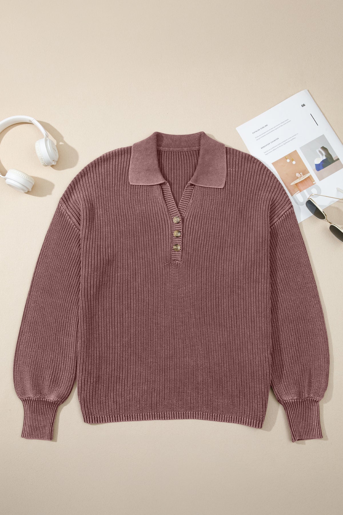 Dark Brown Mineral Washed Knit Button Polo Collar Loose Sweater