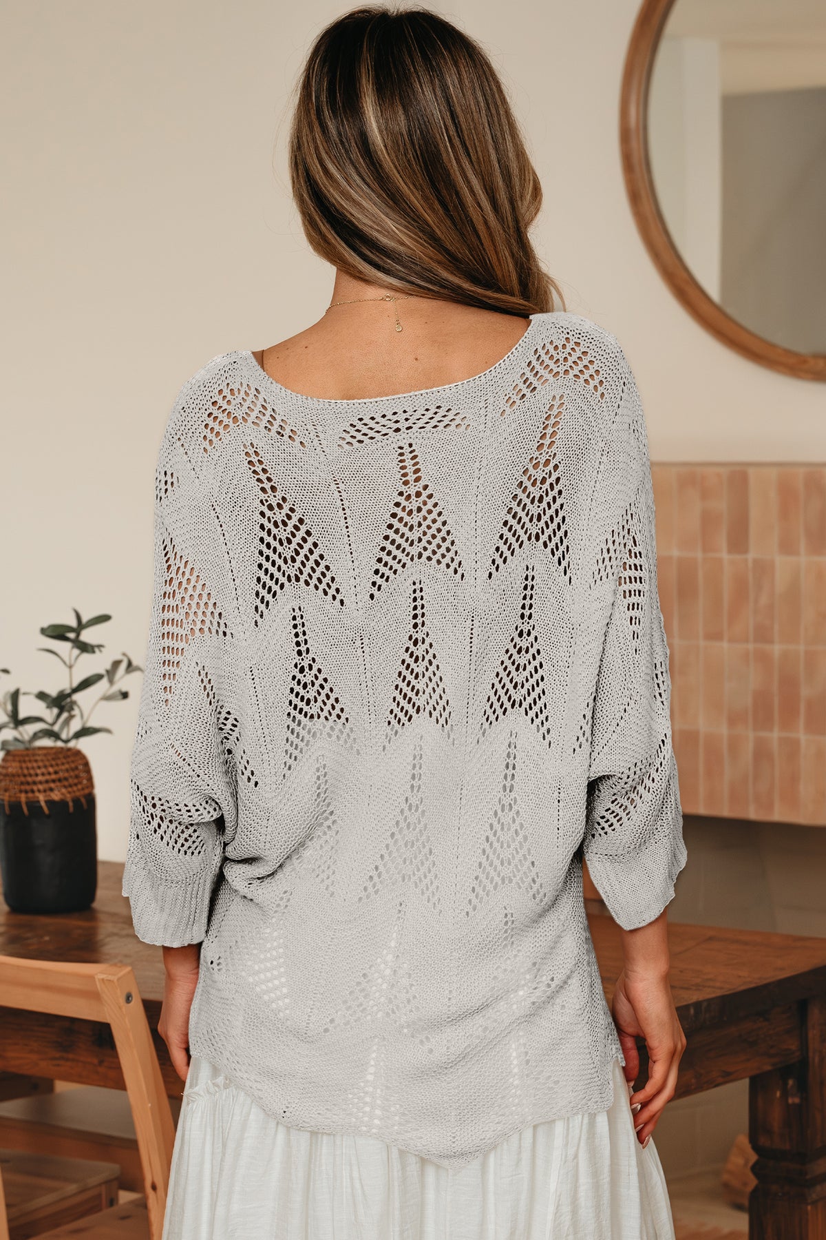 Seagrass Hollow Out Knit 7/8 Sleeve Casual Sweater