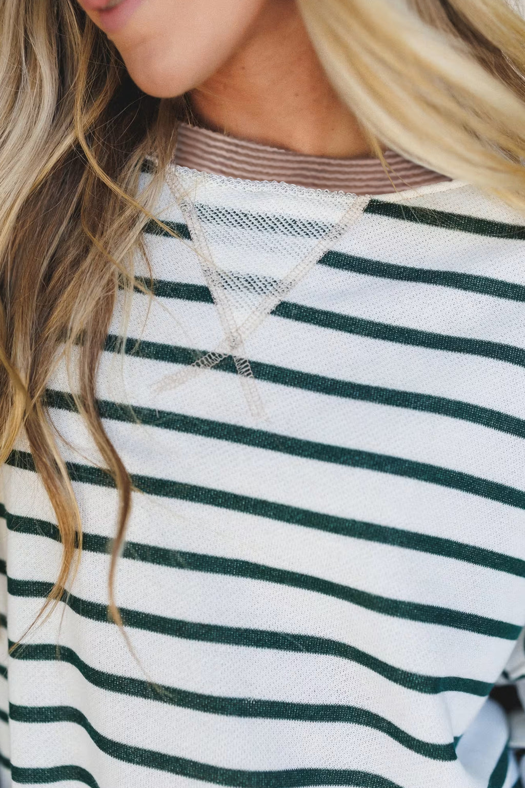 White Stripe Twisted Ribbed Patchwork Drop Shoulder Round Neck Sweatshirt