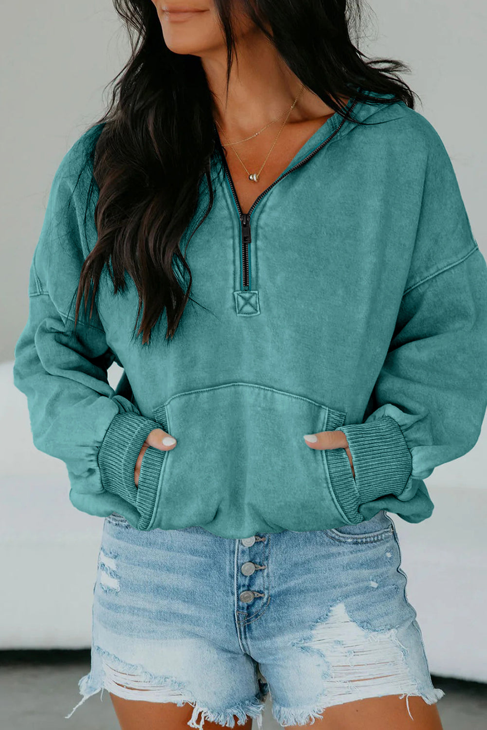 Wild Ginger Half Zip Kangaroo Pocket Mineral Wash Baggy Hoodie