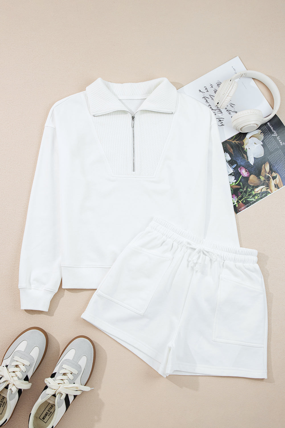 White Ribbed Collar Drop Shoulder Sweatshirt and Shorts Set