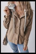 Pale Khaki Hooded Drawstring Pockets Corduroy Shacket