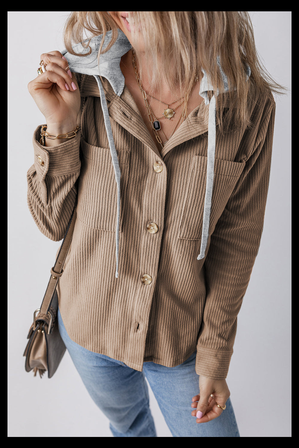 Pale Khaki Hooded Drawstring Pockets Corduroy Shacket