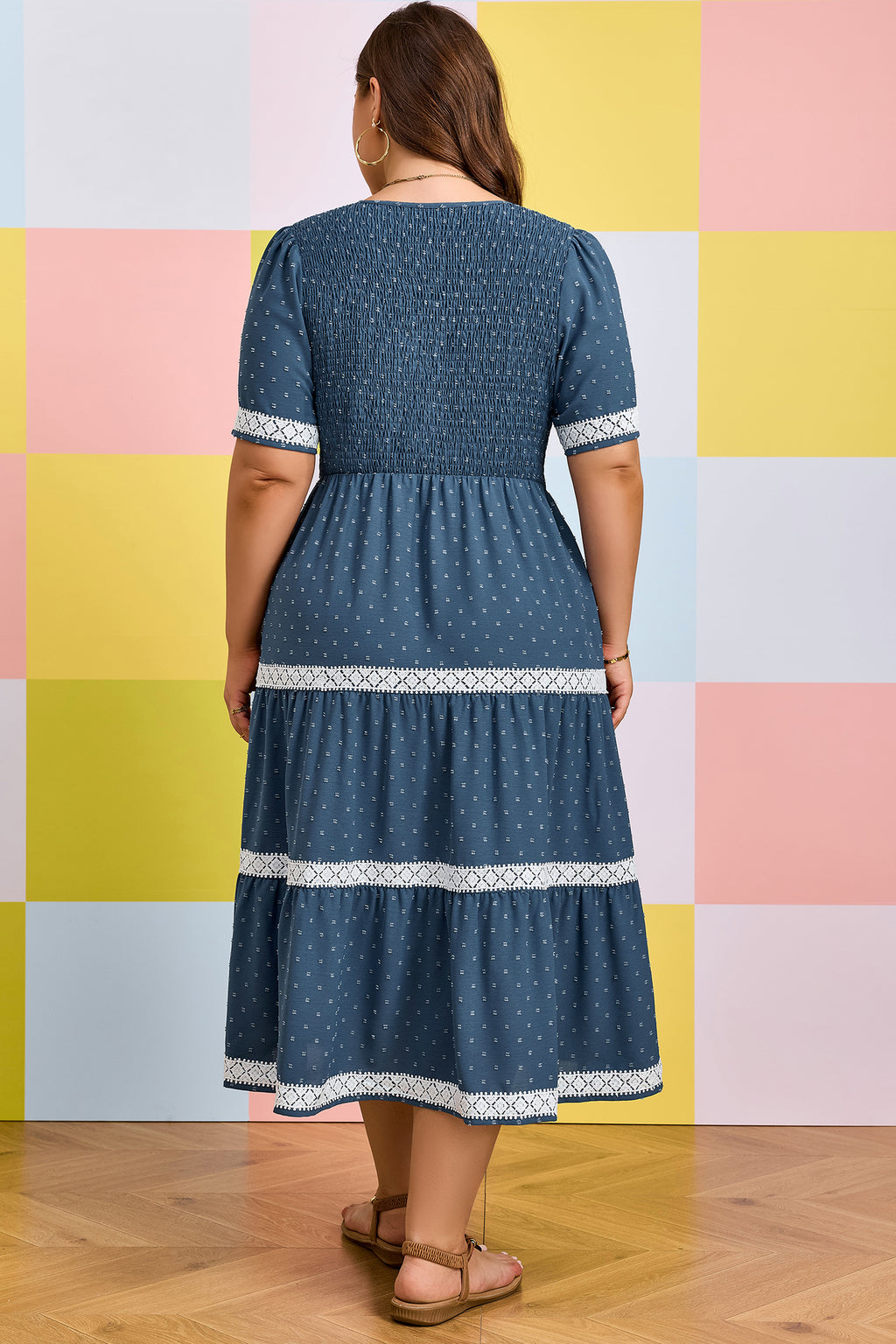 Dusk Blue Plus Size V Neck Swiss Dot Lace Patchwork Detail Flared Midi Dress