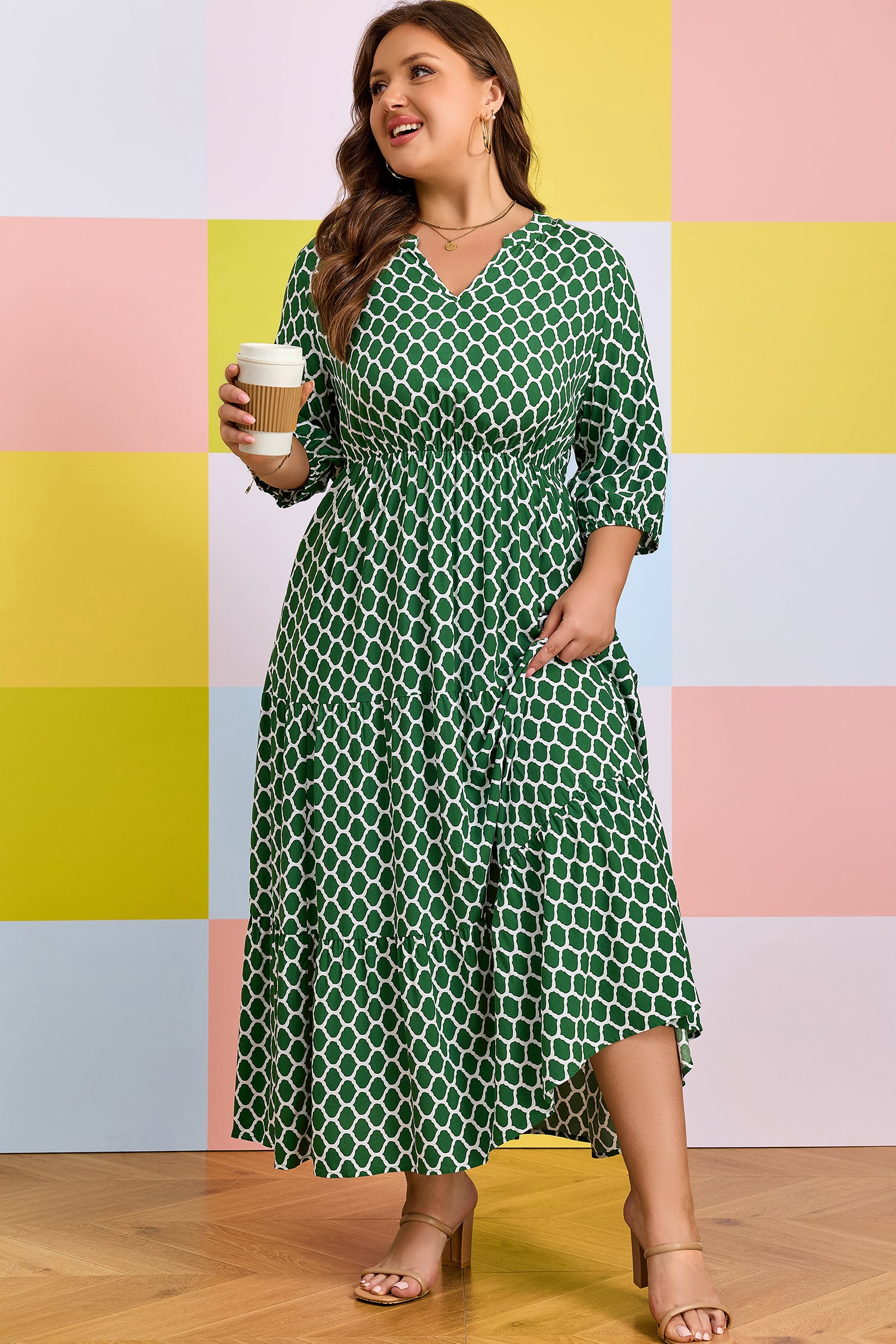 Green Plus Size Geometric Print Pocketed Ruffle Hem Casual Dress