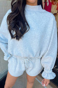 Light Grey Mock Neck Ruffled Long Sleeve Top Drawstring Casual Shorts Set