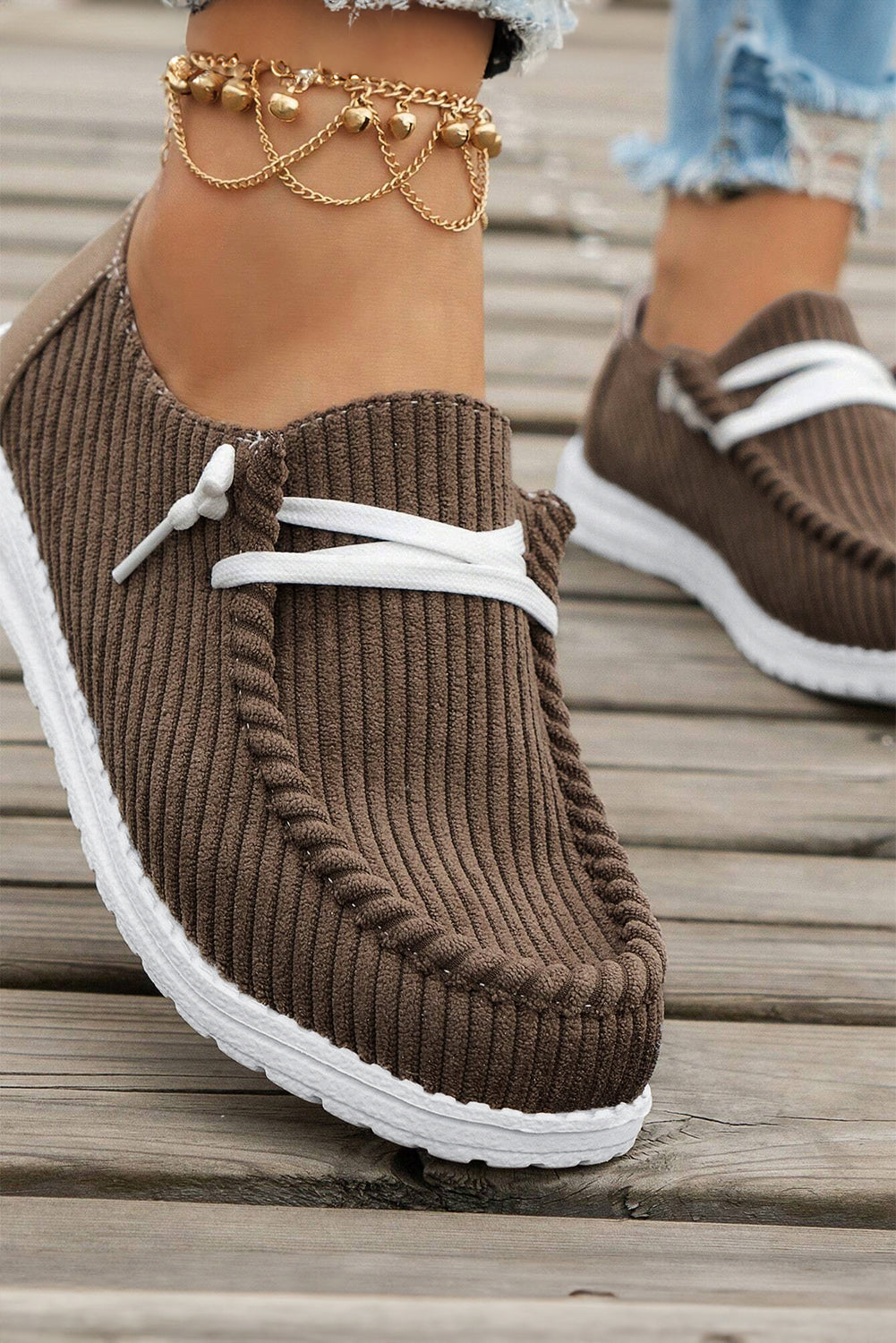 Coffee Solid Ribbed Criss Cross Slip On Casual Shoes