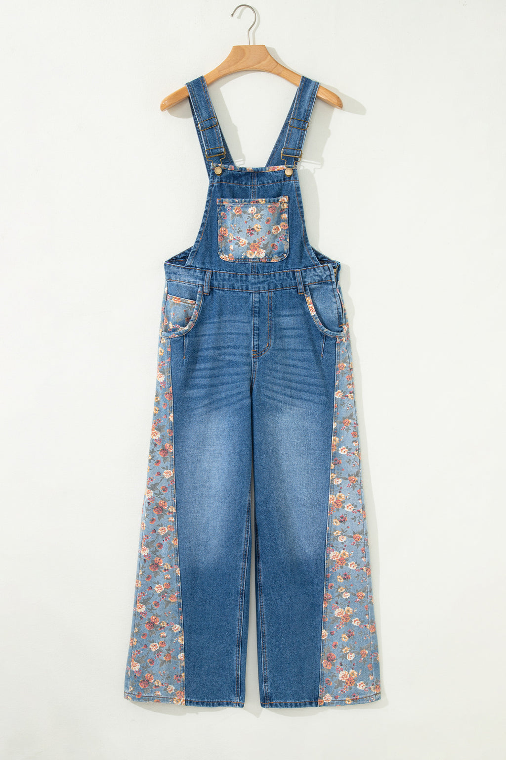 Peacock Blue Floral Patchwork Bib Denim Wide Leg Overalls